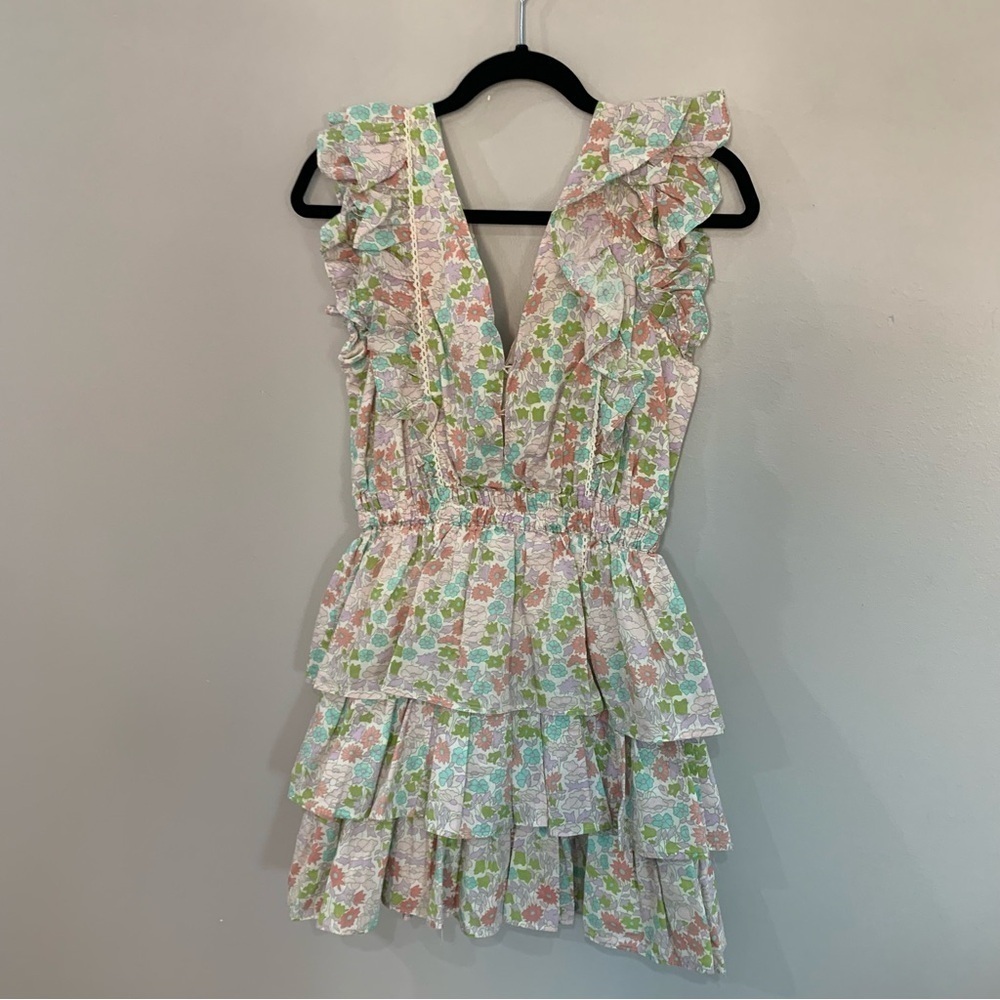 ✅ Anthropologie Love the Label Dress Ines Tiered Ruffle Mini Ivory Pink Floral - Picture 7 of 9